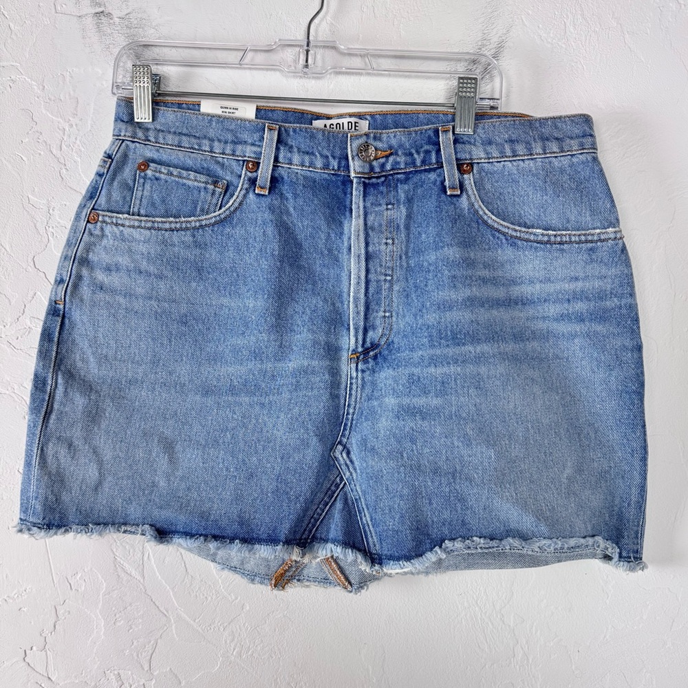 Agolde Denim Jean Skirt Mini Quinn High Rise Light Wash Blue Devotee Frayed